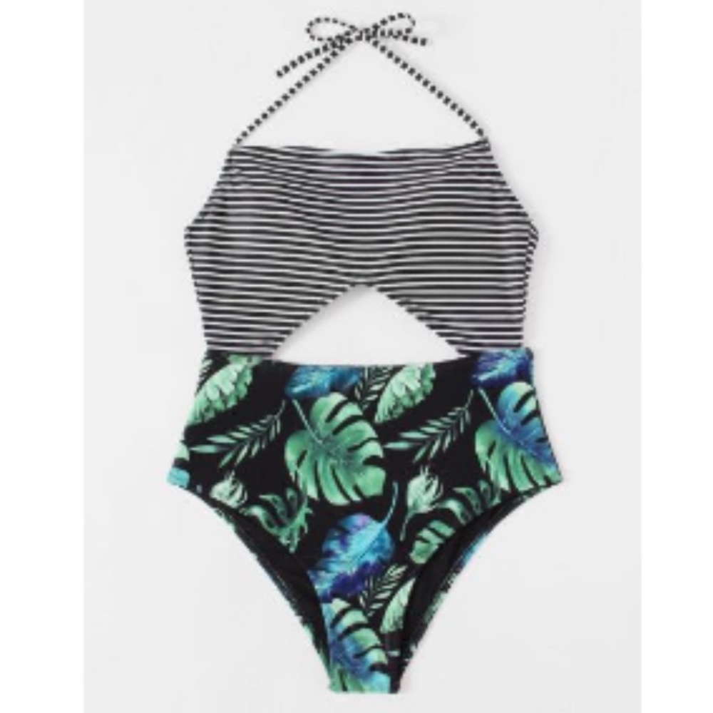 Women’s One Piece Swimsuit With Stripes and Banana leaves size XL
